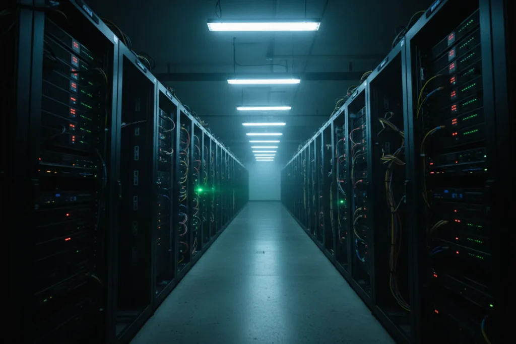 Couloir de baies informatiques dans une salle serveurs