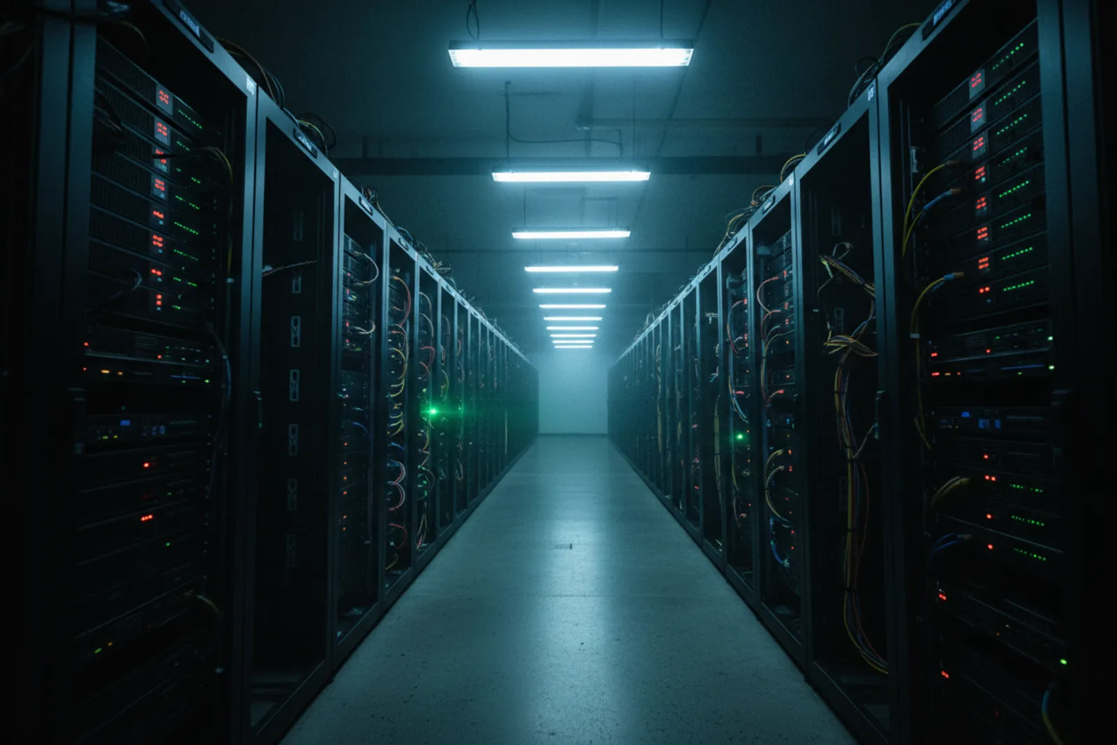 Couloir de baies informatiques dans une salle serveurs