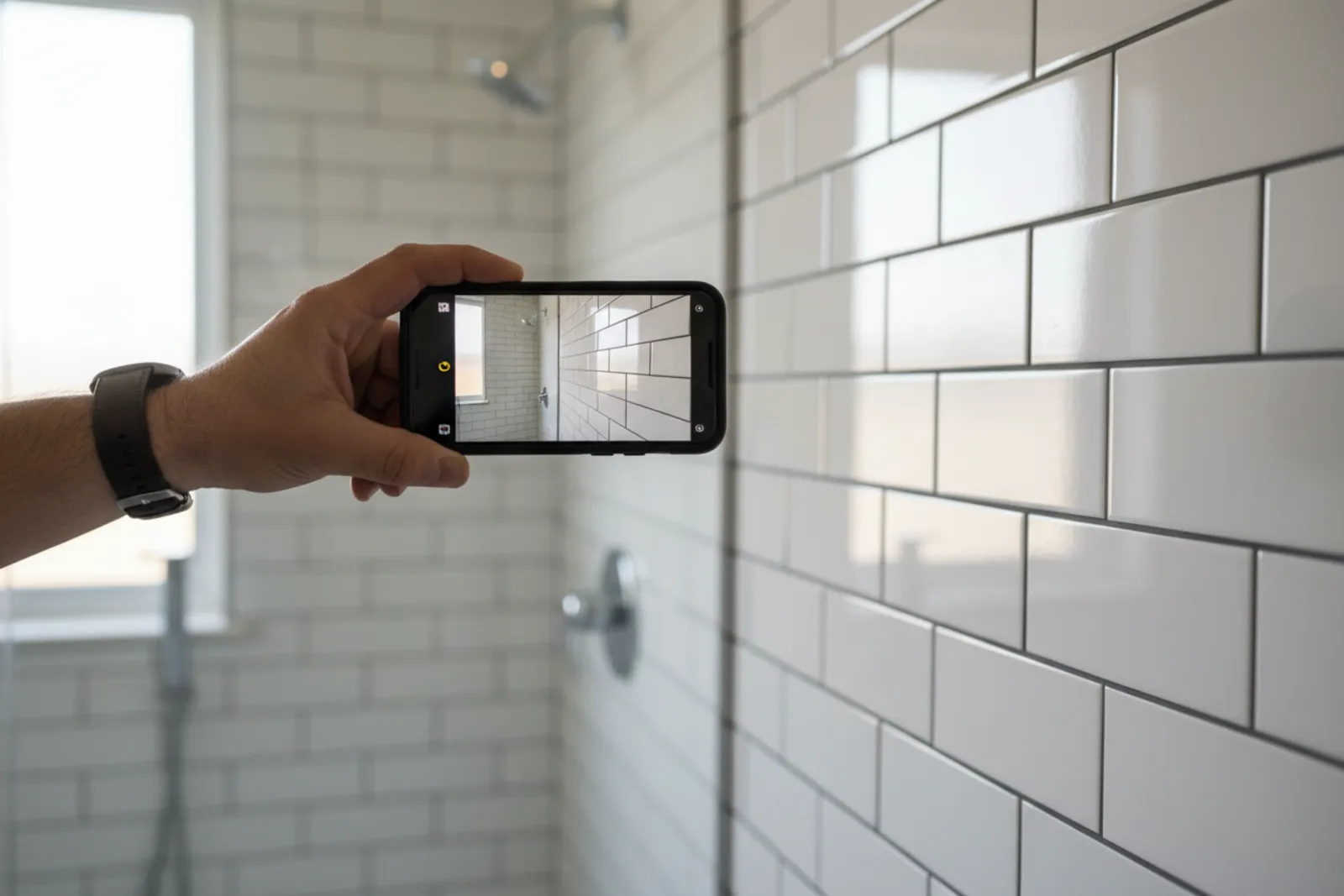 Un telephone photographiant un ouvrage termine sur un chantier