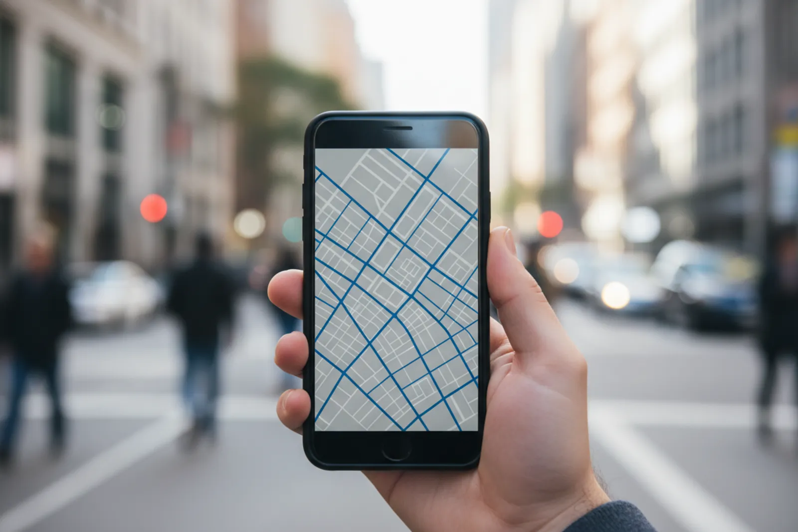 Un telephone affichant une carte, tenu dans la rue