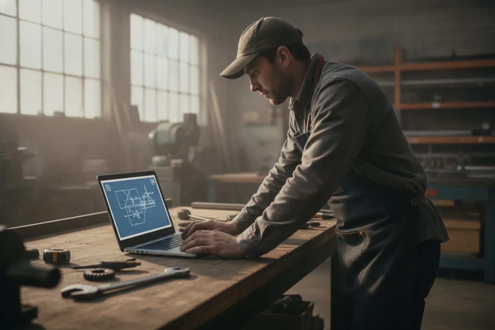 Un artisan consulte un ordinateur portable sur son plan de travail