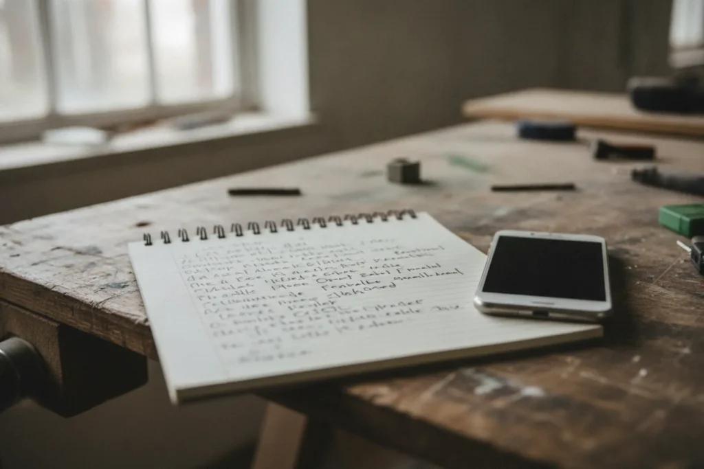 Carnet de notes manuscrites a cote d un telephone sur une table d atelier