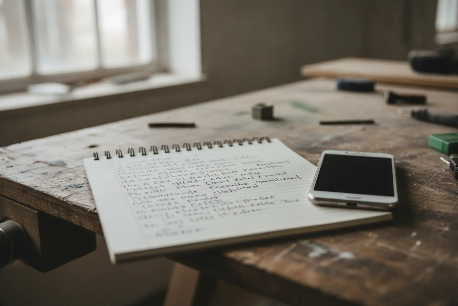 Carnet de notes manuscrites a cote d un telephone sur une table d atelier